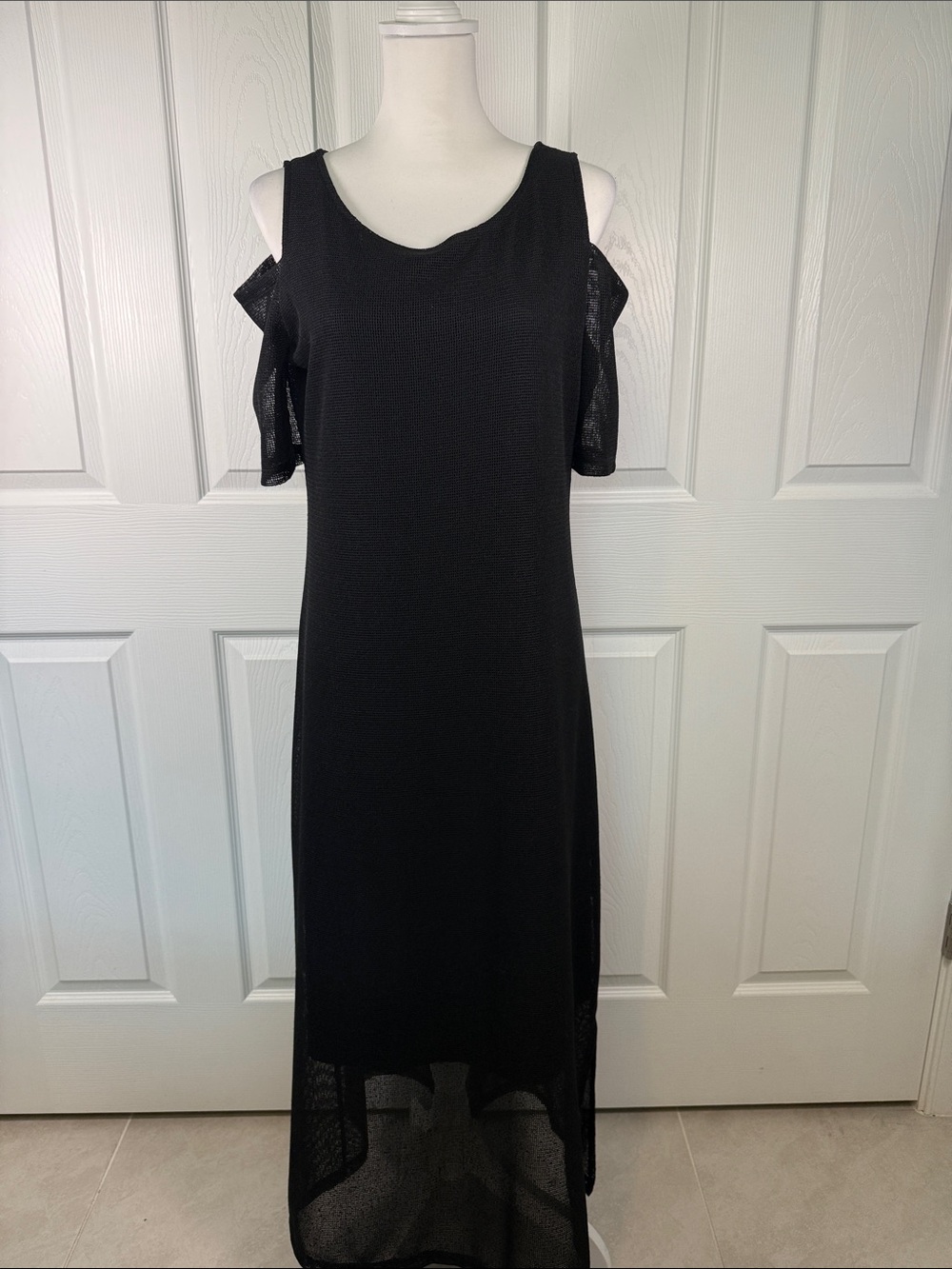 Black Cold-Shoulder Maxi Dress with Sheer Lower Skirt - Picture 3 of 9